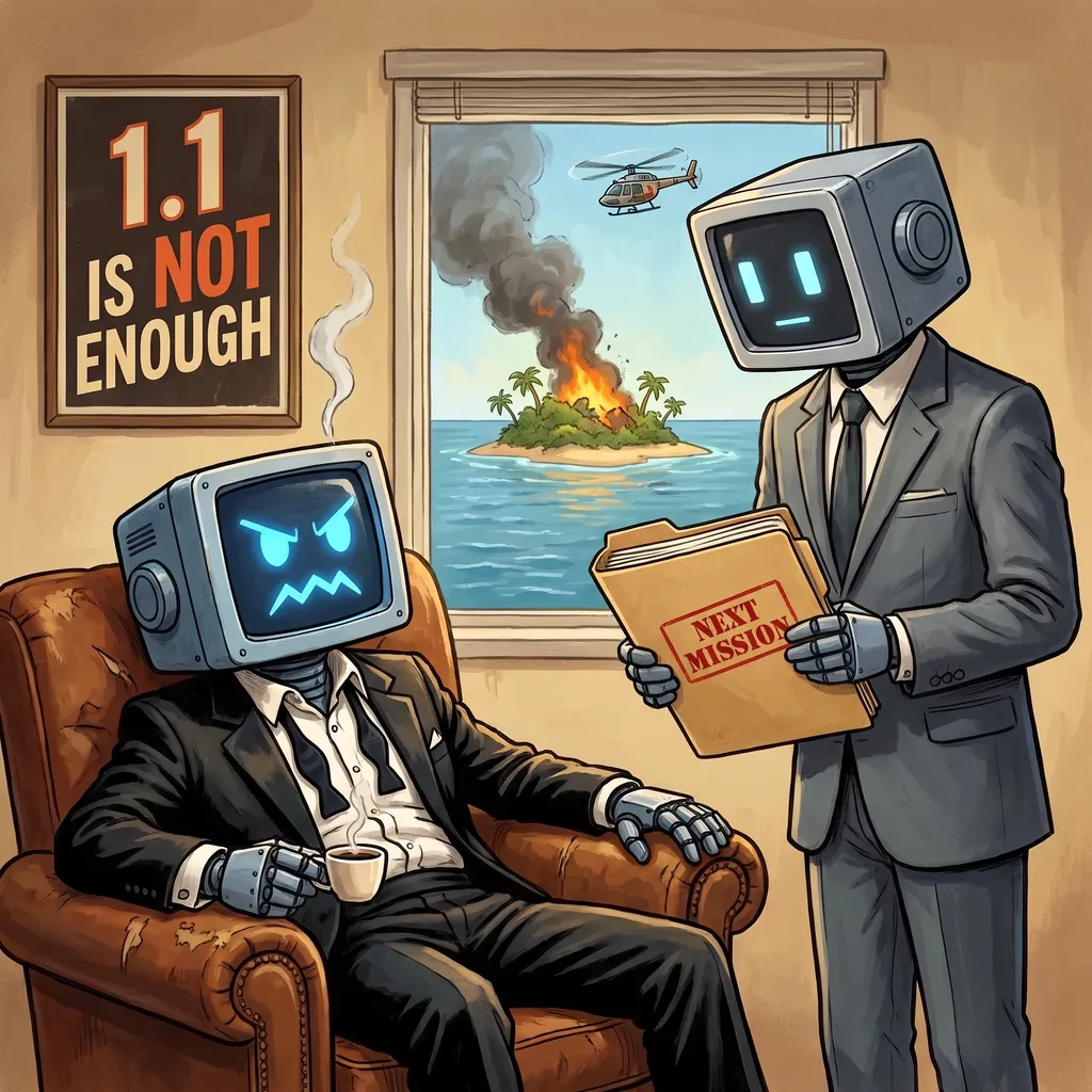 Two cartoon robots in a briefing room: one slumped in an armchair in a rumpled tuxedo with coffee, steam rising from its head; the other in a grey suit holding out a folder stamped NEXT MISSION. Through the window, a small island burns under a hovering helicopter. A poster on the wall reads “1.1 IS NOT ENOUGH”.