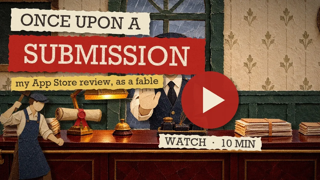 The Legend of the Sub Mission, told in cut paper: a faceless clerk raises his palm behind a polished desk at the Con Sole, under the title Once Upon a Submission, with a play button.