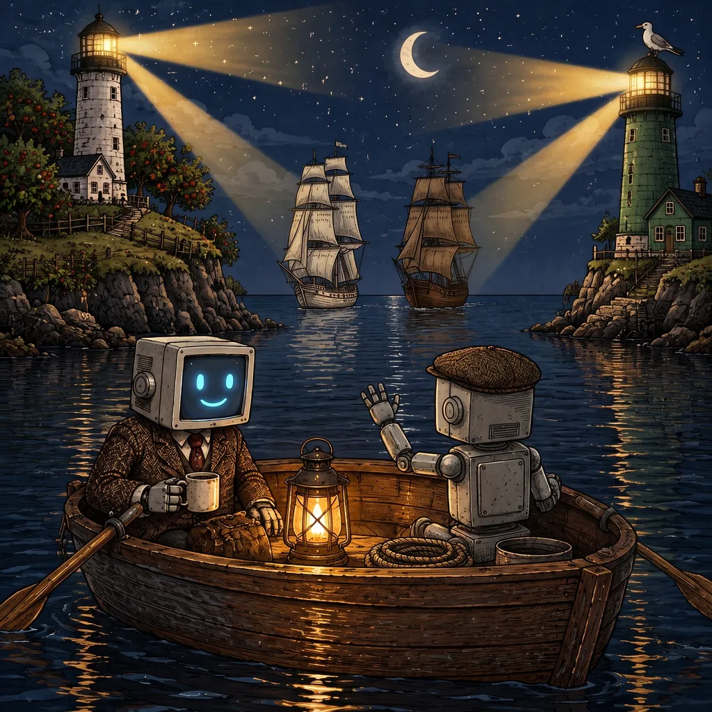 The two robots in their rowboat at night, the same harbor as before, but now both lighthouses are blazing, a white one over an orchard and a green one with a gull on top, their beams crossing over a pale ship and a coffee-brown ship under full sail beyond the harbor mouth. The tweed robot is smiling over his coffee; the flat-cap robot waves at the ships.