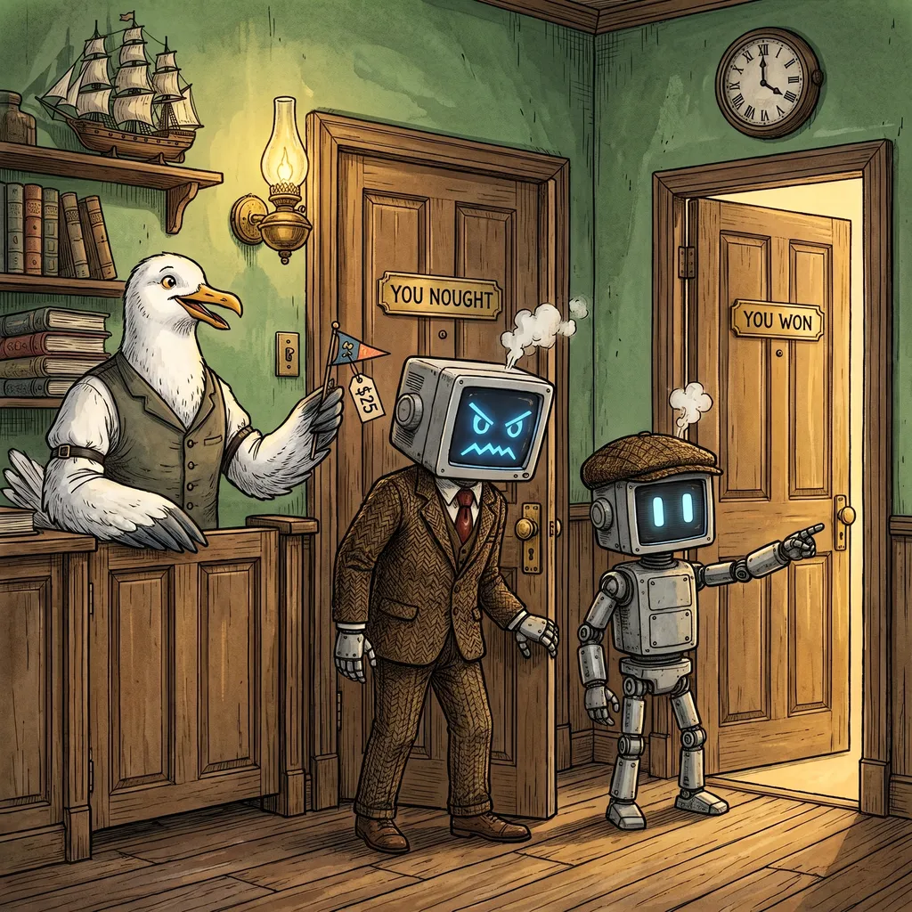 Two robots in a green-walled Victorian harbor office with two doors side by side. At the near door, marked YOU NOUGHT, a seagull clerk in a waistcoat beams and holds out a tiny pennant with a $25 price tag; the far door, marked YOU WON, stands ajar with warm light behind it. The tweed robot reaches for the wrong knob while the flat-cap robot points at the right door.